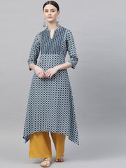 Blue & White Checked A-Line Kurta