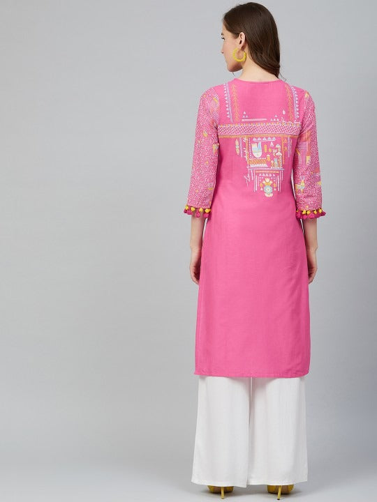 Pink Cotton Geometric Yoke Kurta RANGRITI