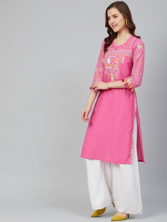 Pink Cotton Geometric Yoke Kurta RANGRITI