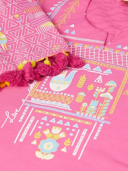 Pink Cotton Geometric Yoke Kurta RANGRITI