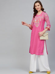 Pink Cotton Geometric Yoke Kurta RANGRITI