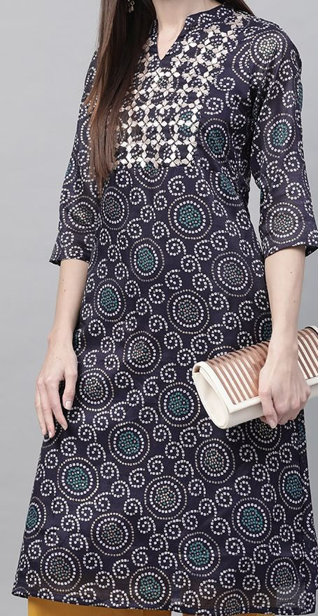 Navy Blue & White Bandhani A-Line Kurta RANGRITI