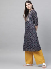 Navy Blue & White Bandhani A-Line Kurta RANGRITI