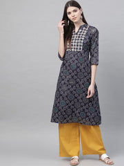 Navy Blue & White Bandhani A-Line Kurta RANGRITI