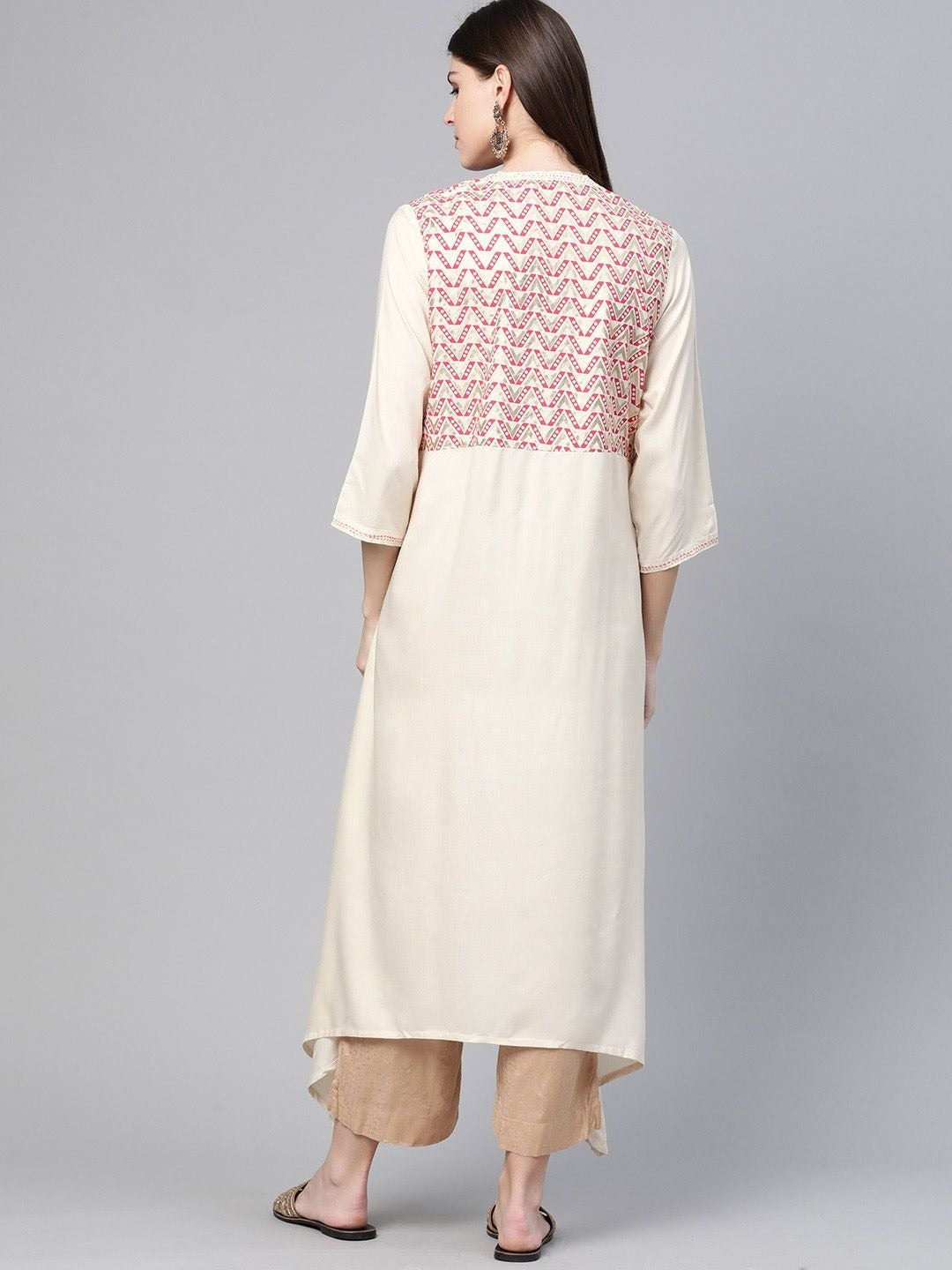 Cream & Red Yoke Design Asymmetric Kurta