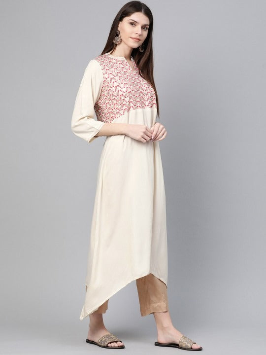 Cream & Red Yoke Design Asymmetric Kurta