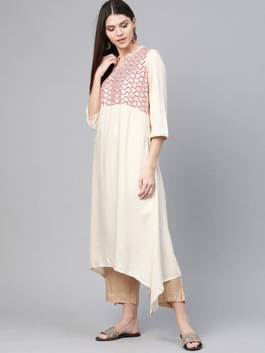 Cream & Red Yoke Design Asymmetric Kurta