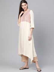 Cream & Red Yoke Design Asymmetric Kurta