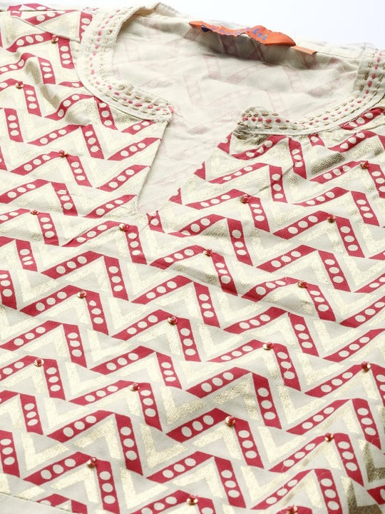 Cream & Red Yoke Design Asymmetric Kurta