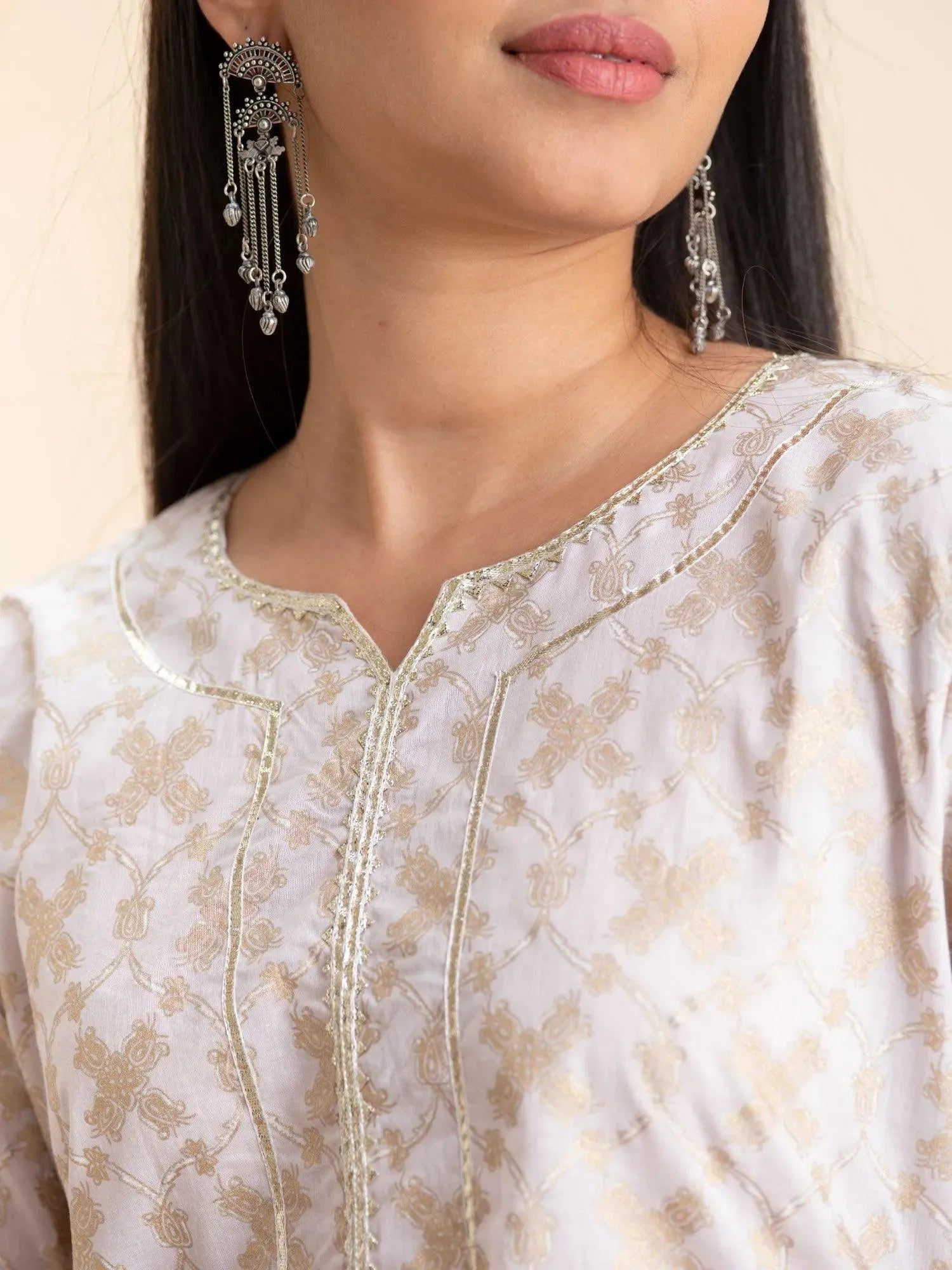 Off-White Printed Cotton Kurta LIBAS