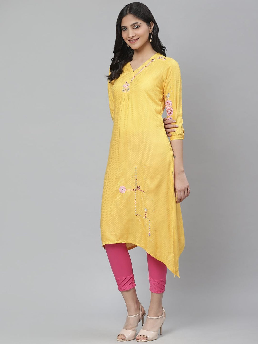 Yellow Embroidered Asymmetric A-Line Kurta Rangriti