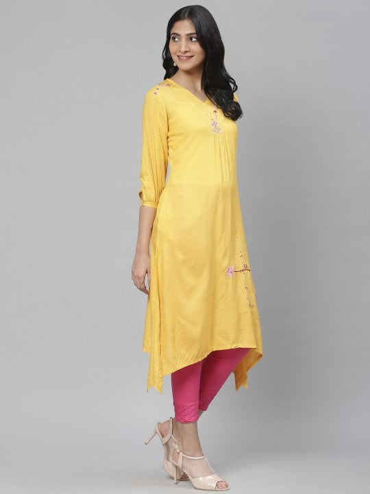 Yellow Embroidered Asymmetric A-Line Kurta Rangriti