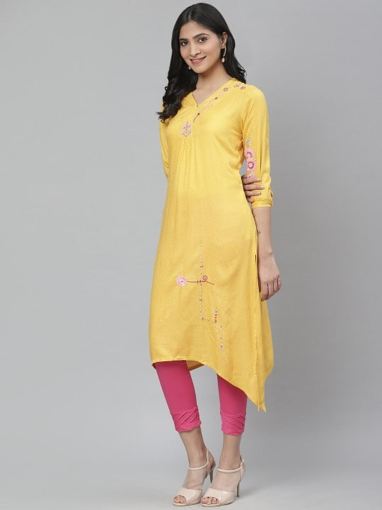 Yellow Embroidered Asymmetric A-Line Kurta Rangriti