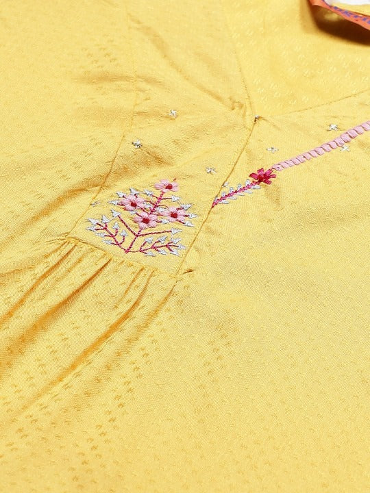 Yellow Embroidered Asymmetric A-Line Kurta Rangriti