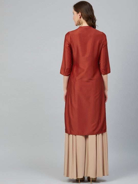 Rust Orange & Golden Embroidered Kurta RANGRITI