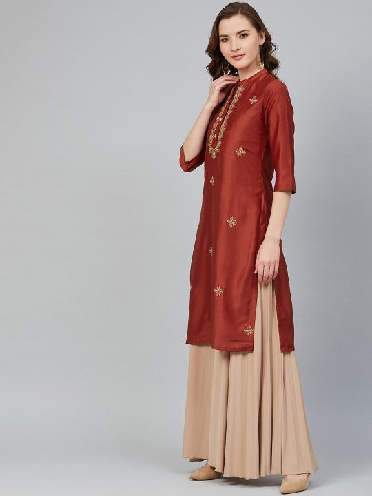 Rust Orange & Golden Embroidered Kurta RANGRITI