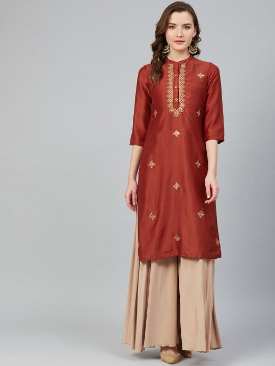 Rust Orange & Golden Embroidered Kurta RANGRITI