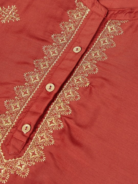Rust Orange & Golden Embroidered Kurta RANGRITI