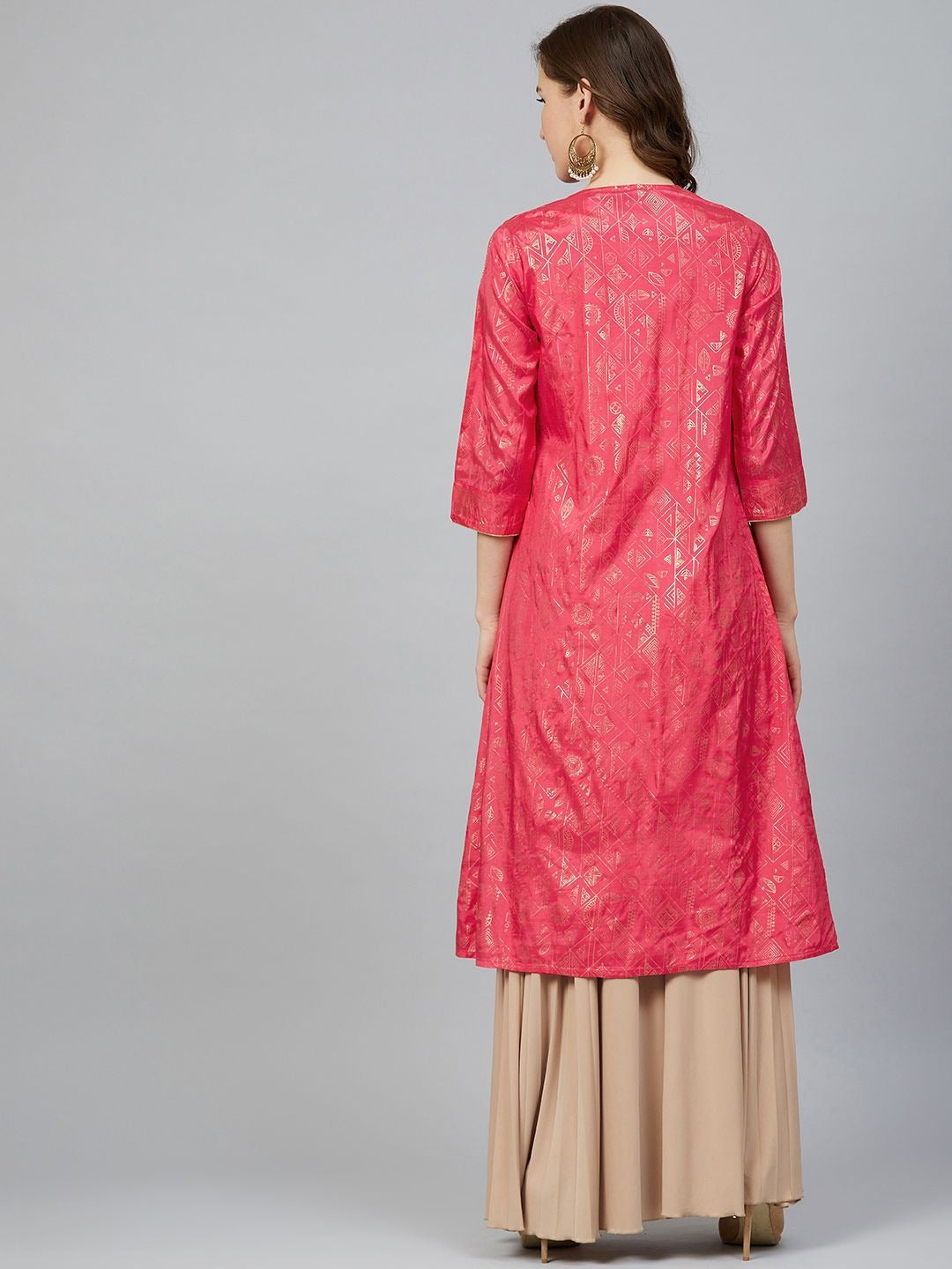 Coral Pink & Golden Layered A-Line Kurta RANGRITI