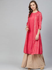 Coral Pink & Golden Layered A-Line Kurta RANGRITI