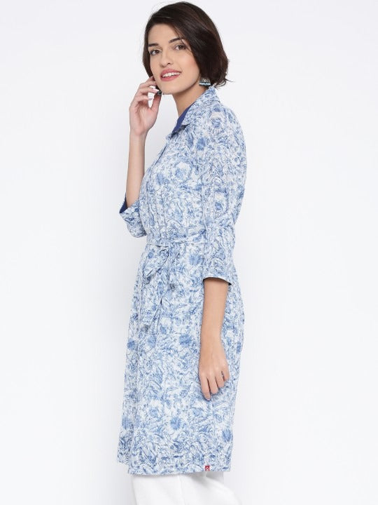 BIBA Blue Cotton Printed Straight Kurta BIBA