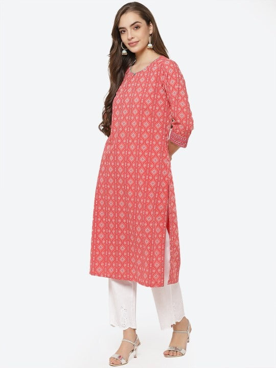 Coral Geometric Mirror Work Kurta RANGRITI