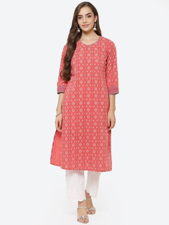 Coral Geometric Mirror Work Kurta RANGRITI