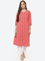 Coral Geometric Mirror Work Kurta RANGRITI