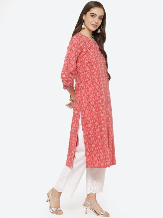 Coral Geometric Mirror Work Kurta RANGRITI