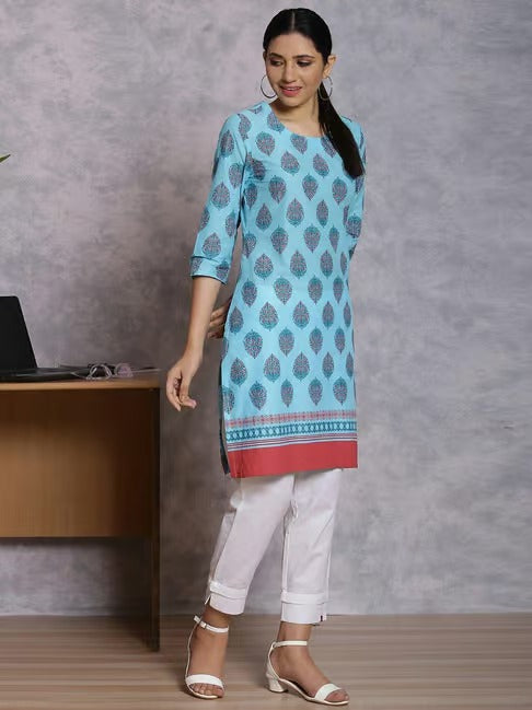Sky Blue Cotton Printed Kurta RANGRITI