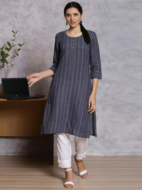 Navy Woven Pattern Straight Kurta