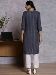 Navy Woven Pattern Straight Kurta