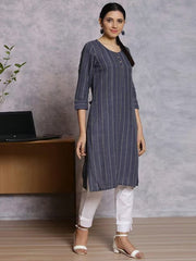 Navy Woven Pattern Straight Kurta