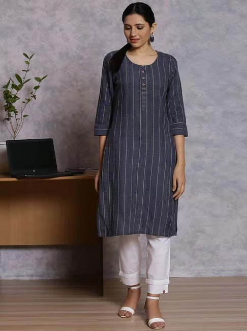 Navy Woven Pattern Straight Kurta