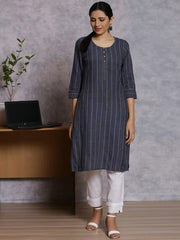 Navy Woven Pattern Straight Kurta