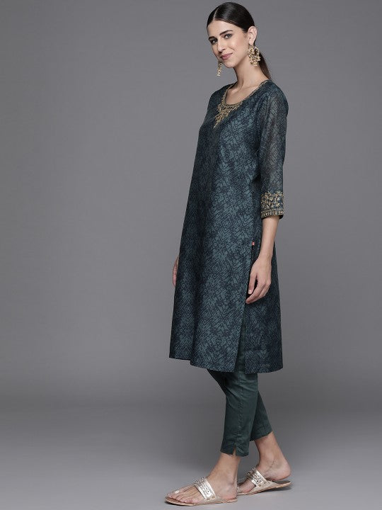 Women Teal Printed Regular Kurta (No Palazzos &amp; No Dupatta) BIBA