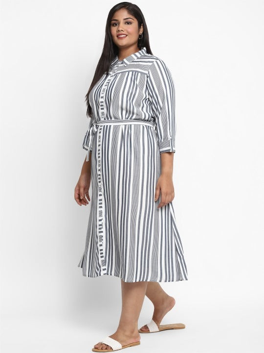 Blue &amp; White Striped Shirt Midi Dress AURELIA