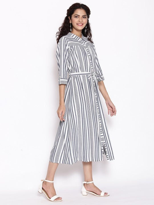Blue &amp; White Striped Shirt Midi Dress AURELIA