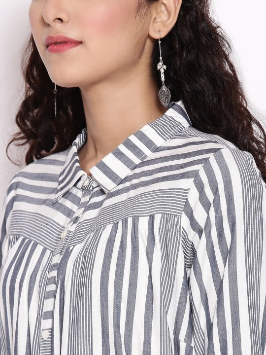 Blue &amp; White Striped Shirt Midi Dress AURELIA