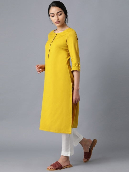 Woman Yellow Striped Cotton Flax Kurta W for Woman