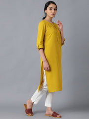 Woman Yellow Striped Cotton Flax Kurta W for Woman