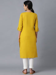 Woman Yellow Striped Cotton Flax Kurta W for Woman