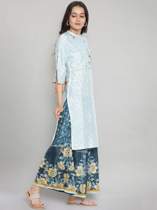 Blue Floral Thread Work Kurta