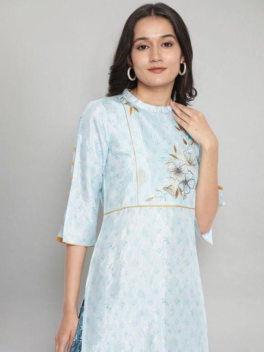 Blue Floral Thread Work Kurta