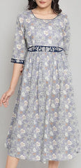 Grey Floral Printed Cotton Midi Dress AURELIA