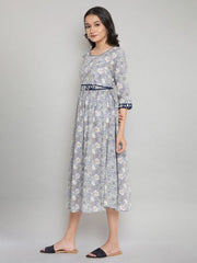 Grey Floral Printed Cotton Midi Dress AURELIA