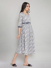 Grey Floral Printed Cotton Midi Dress AURELIA