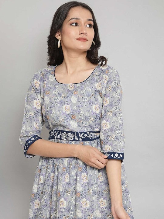 Grey Floral Printed Cotton Midi Dress AURELIA