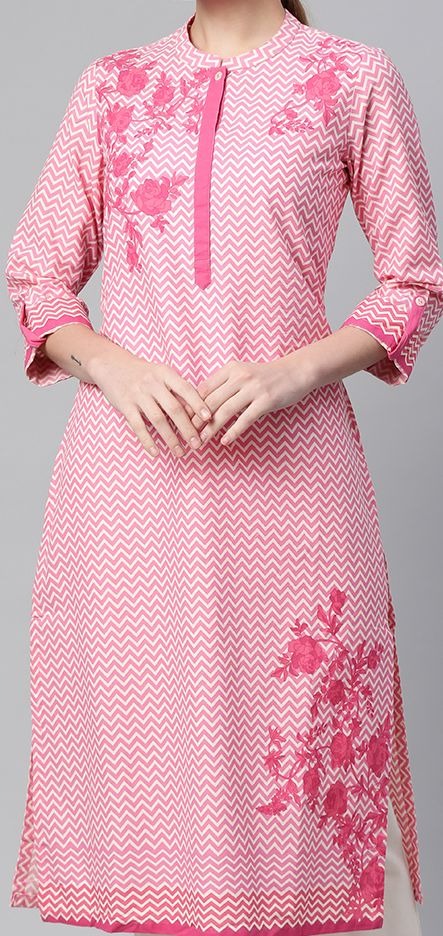 Pink Chevron Floral Embroidered Kurta