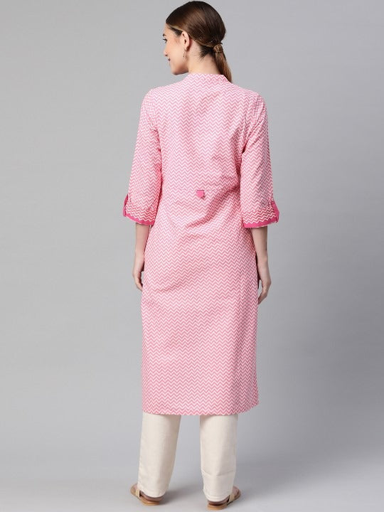 Pink Chevron Floral Embroidered Kurta